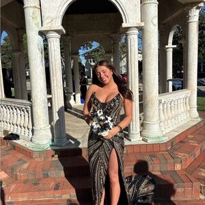 Ashley Lauren Black and gold prom dress